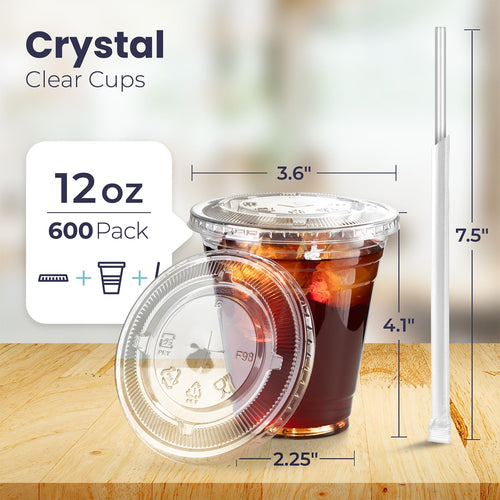 12 oz Clear Plastic Cups with Lids and Straws T8890