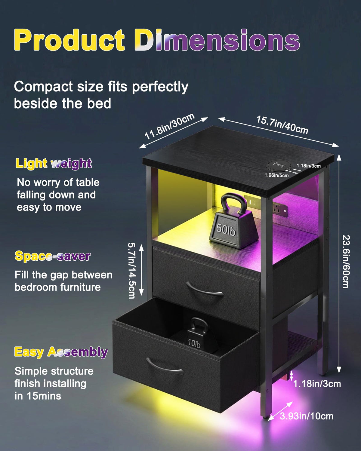 Black Smart Nightstand with Wireless Charging T2511