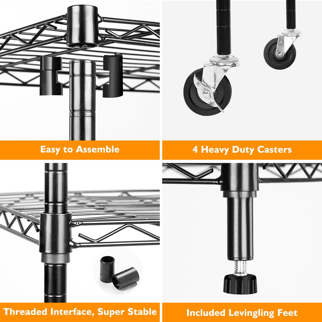 6 Tier Heavy Duty Adjustable Metal Wire Shelving Rack with Wheels, Black B26927