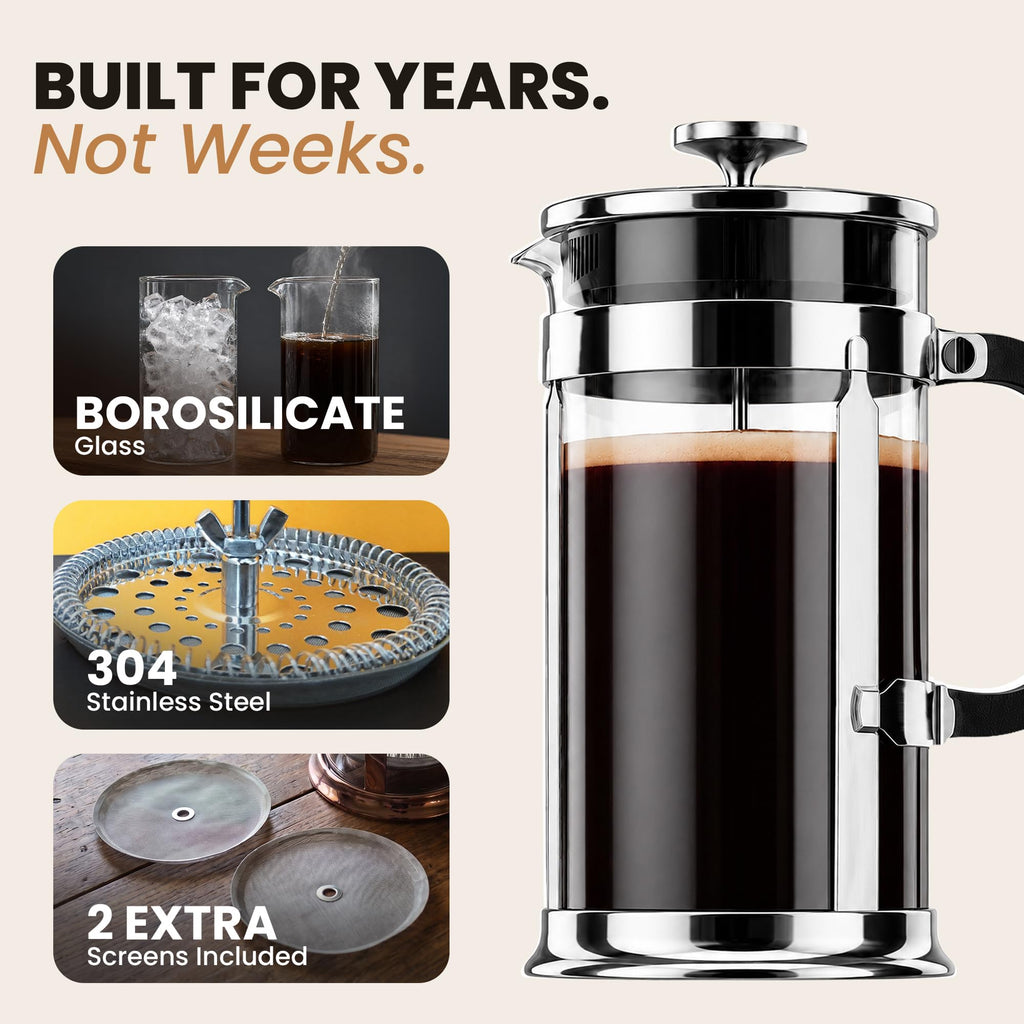 French Press Coffee Maker 34oz Chrome Borosilicate Glass O729