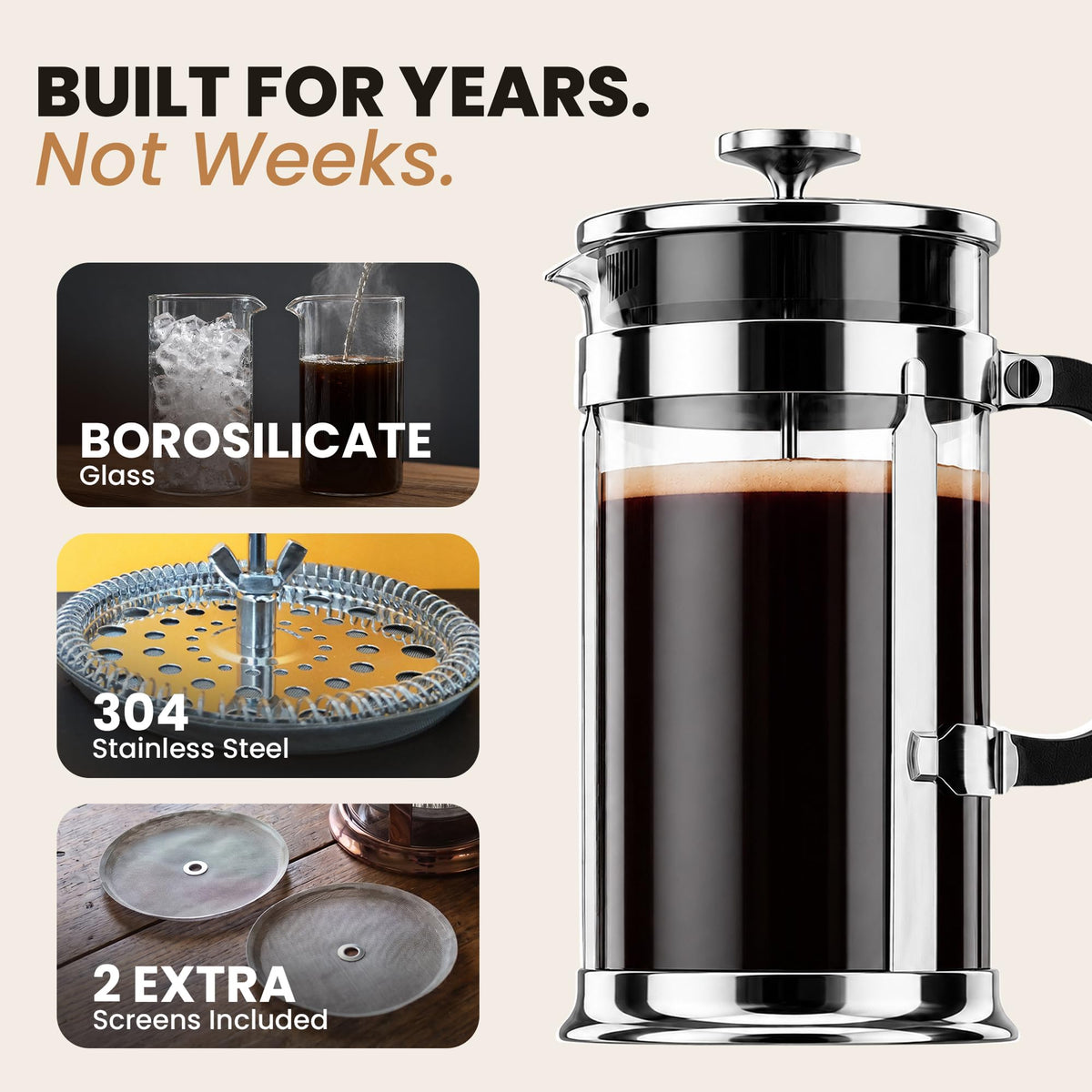French Press Coffee Maker 34oz Chrome Borosilicate Glass O729