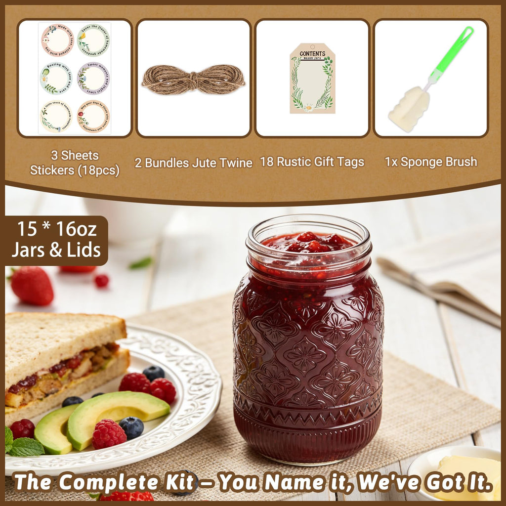 16oz Embossed Mason Jars 15-Pack with Airtight Lids T849