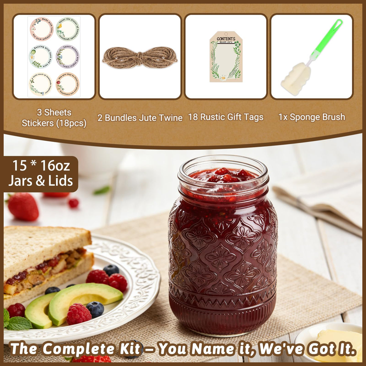 16oz Embossed Mason Jars 15-Pack with Airtight Lids T849