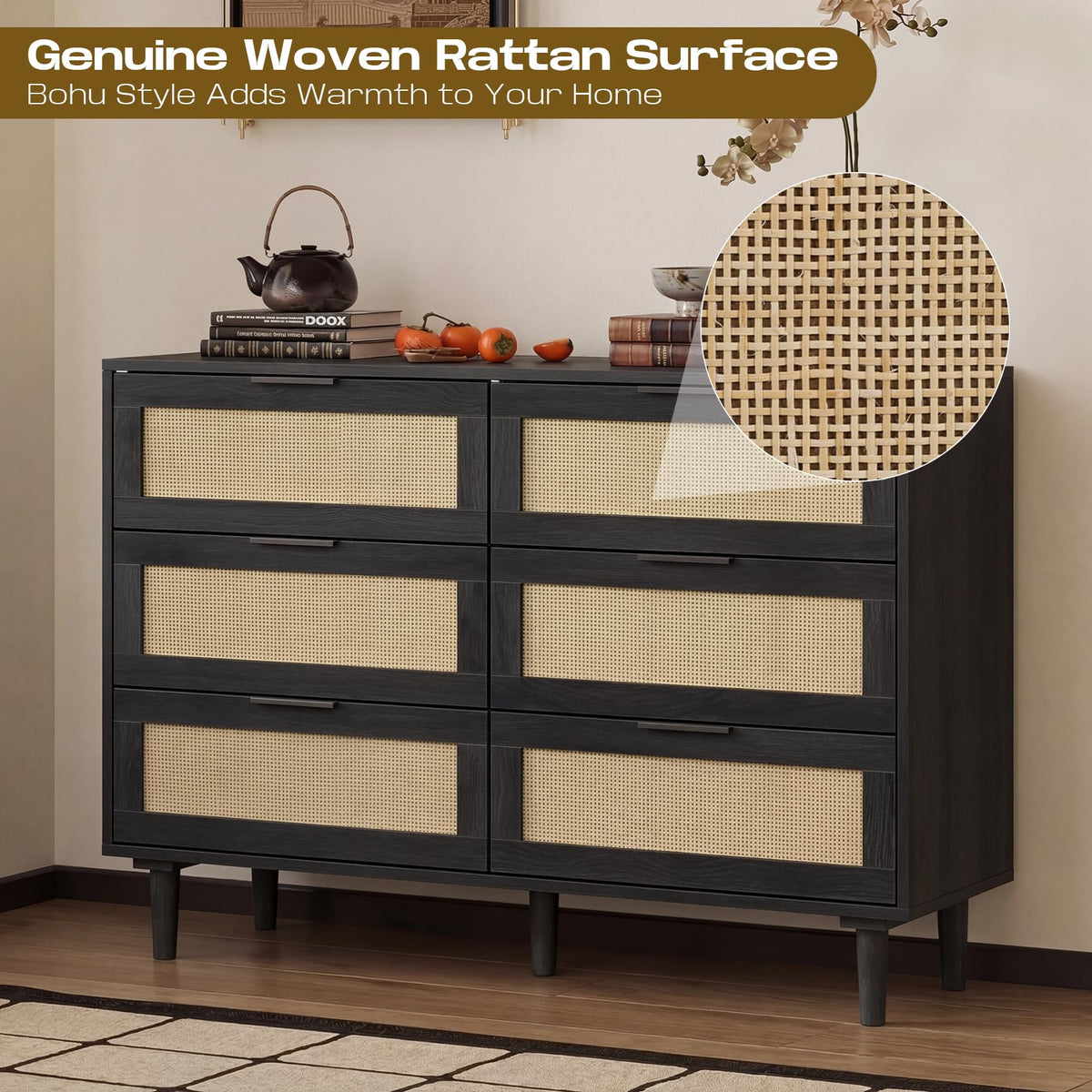 6 Drawer Rattan Wood Dresser F7837