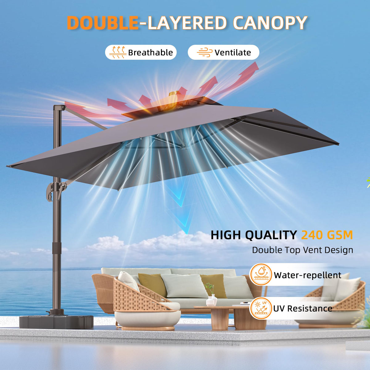9' X 12' Grey Cantilever Patio Umbrella with Base X79420