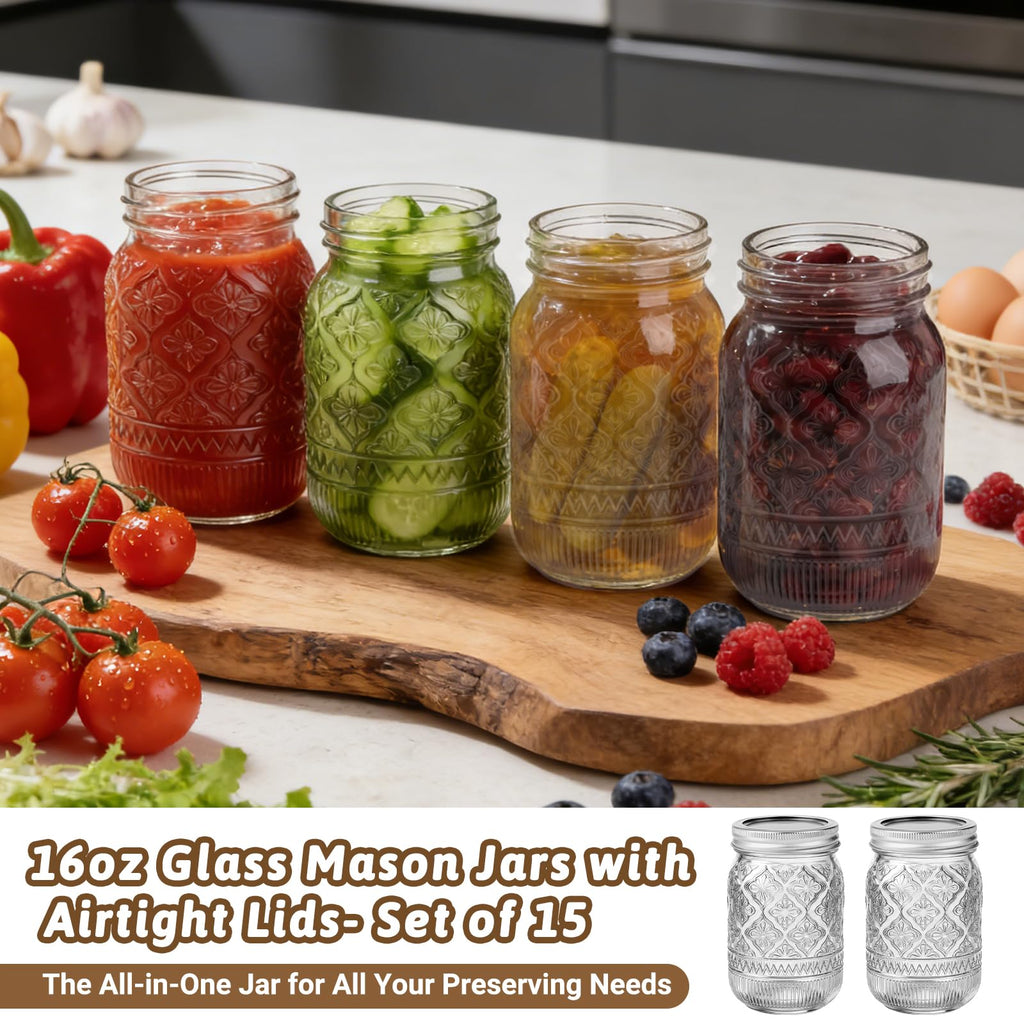 16oz Embossed Mason Jars 15-Pack with Airtight Lids T849