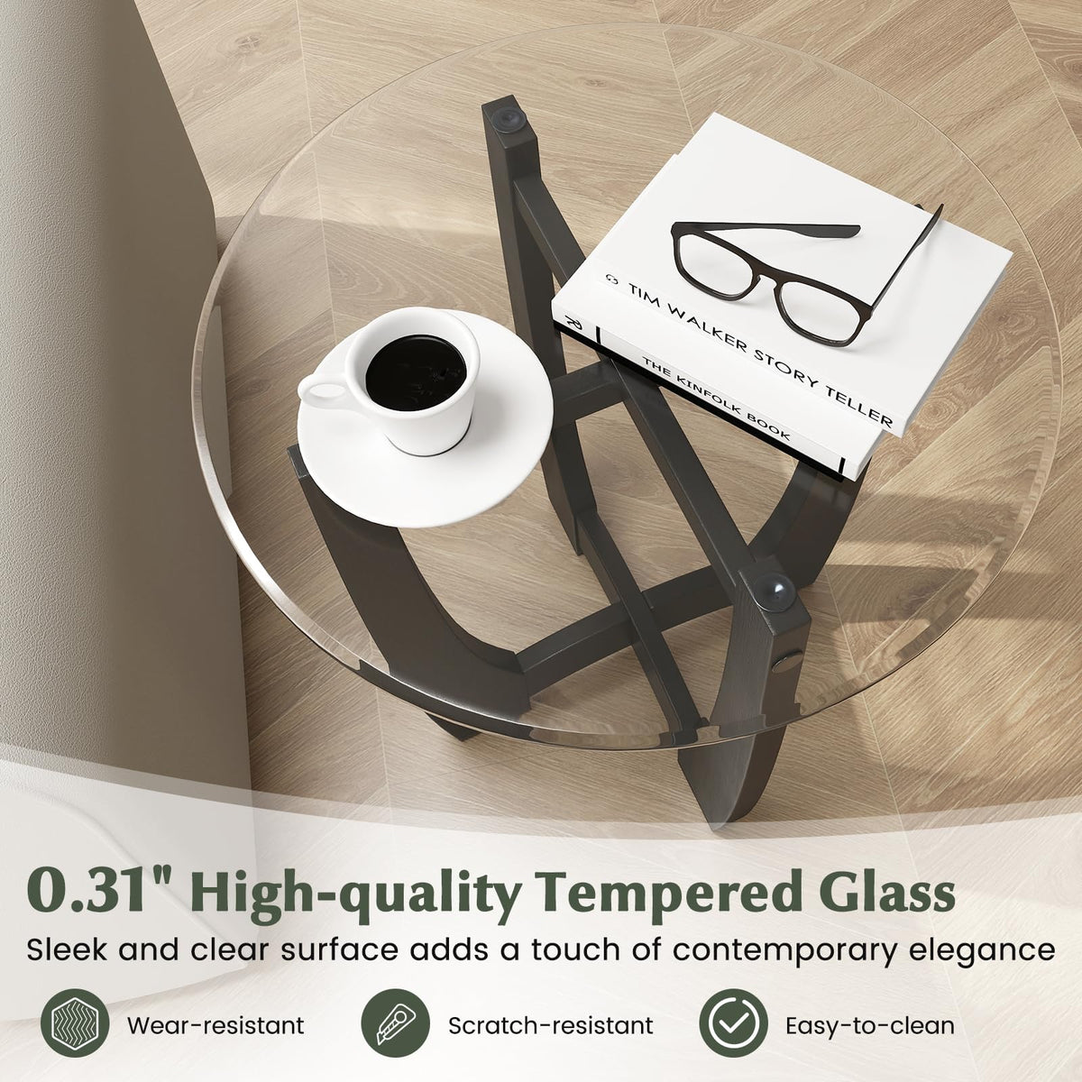 Glass Round End Table Set of 2, 23.5" Black D31412