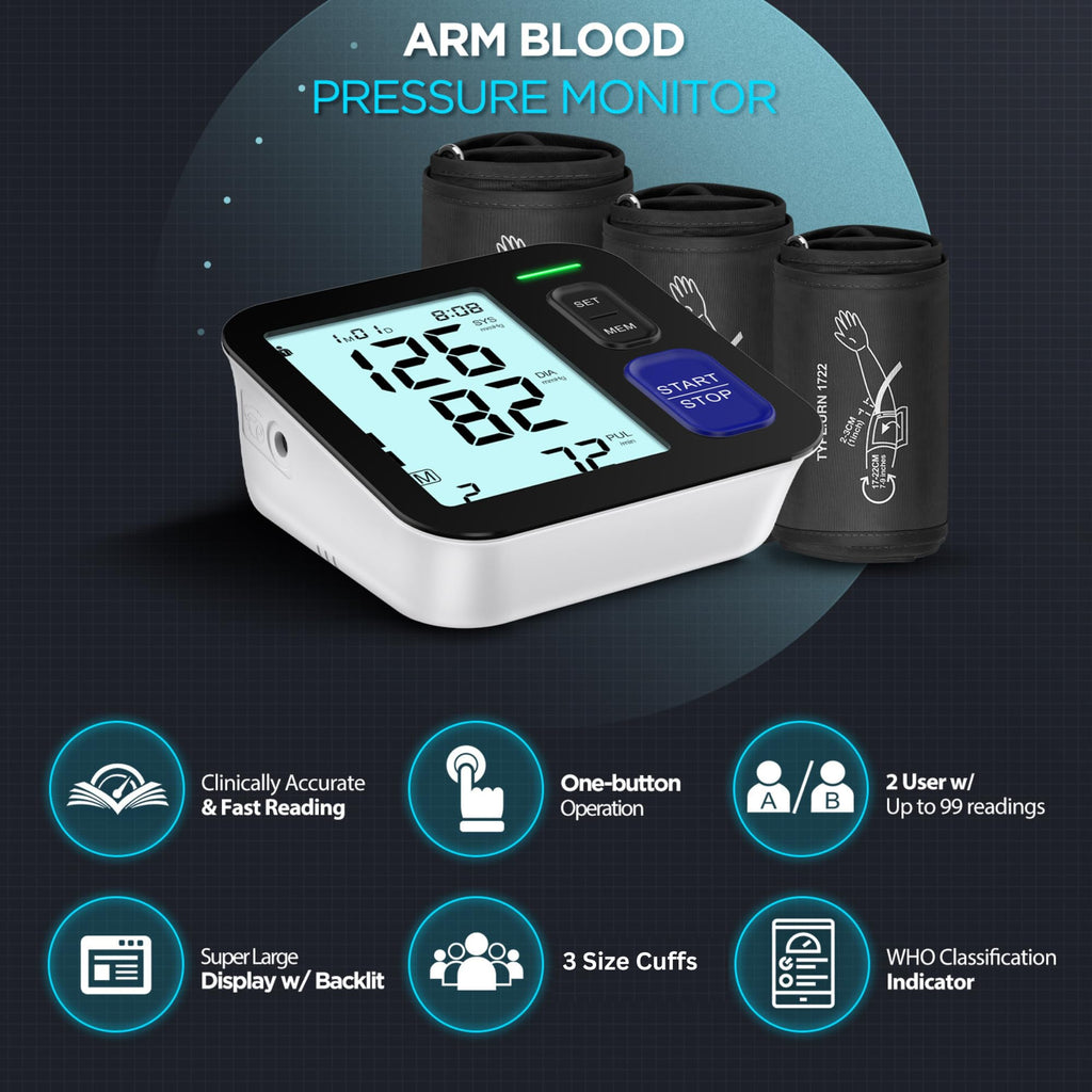 Upper Arm Blood Pressure Machine with 3 Size Cuffs U1820