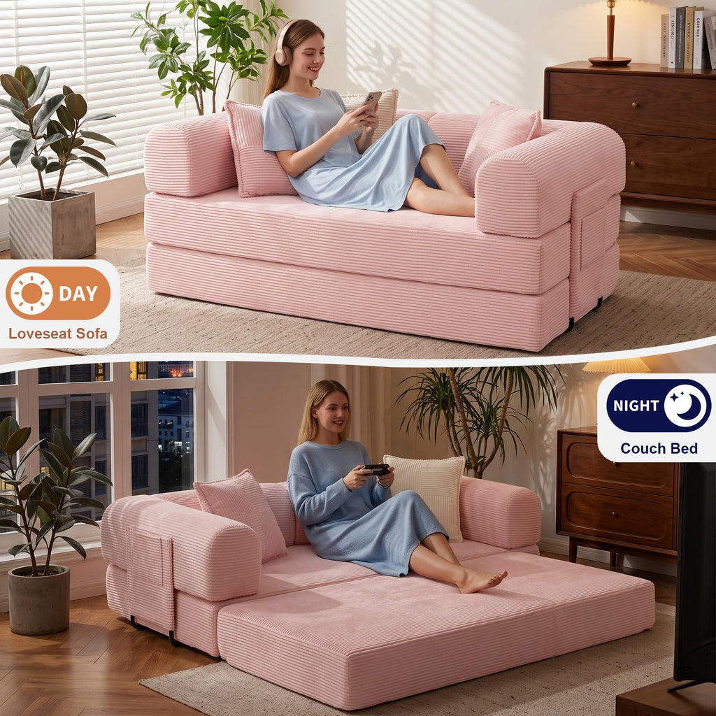 Pink Convertible Futon Sofa Bed with 3 Pillows E65650