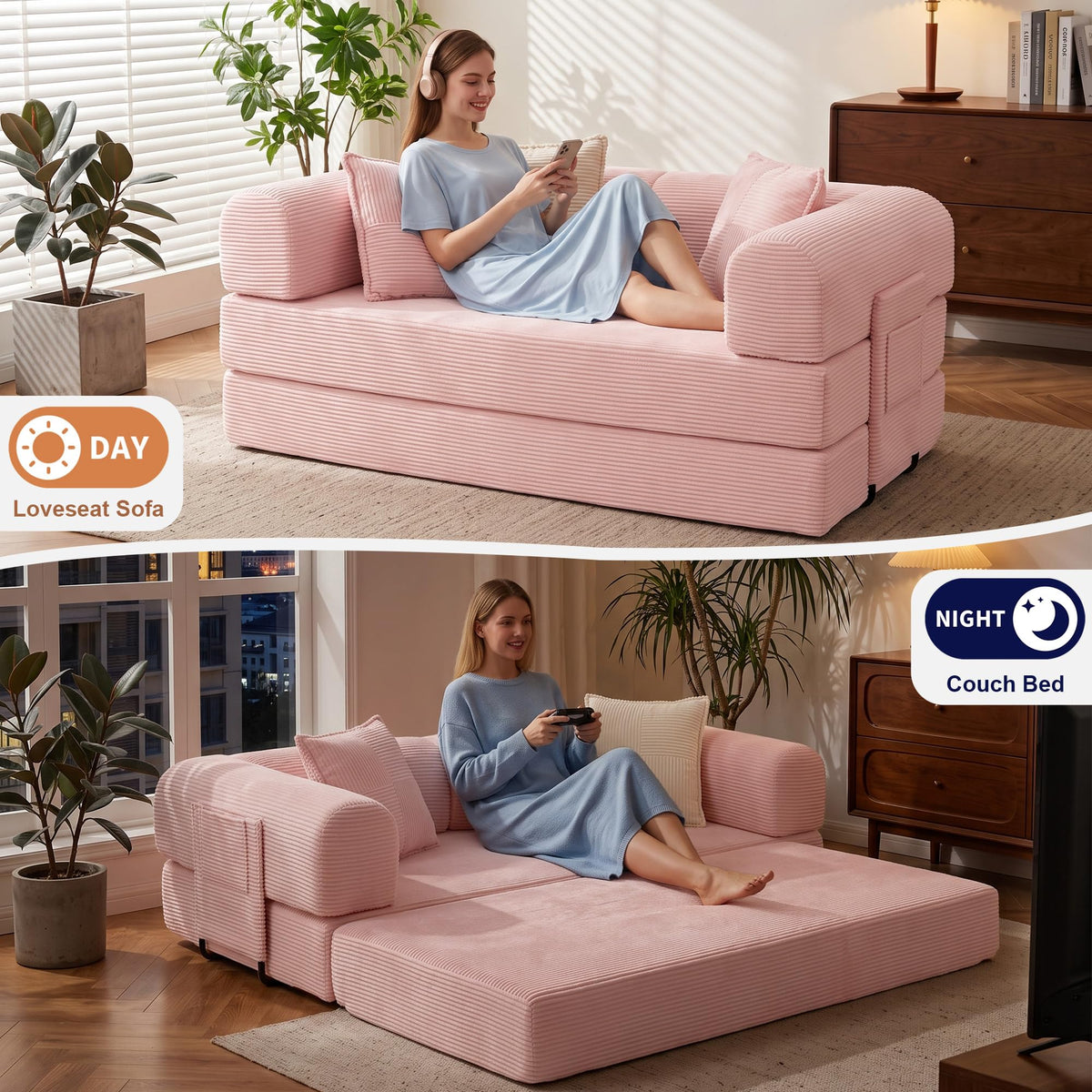 Pink Convertible Futon Sofa Bed with 3 Pillows E65650