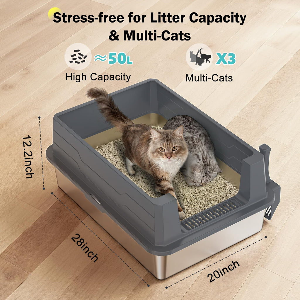 Stainless Steel Extra Large Cat Litter Box with High Sided Lid and Litter Scoop J300