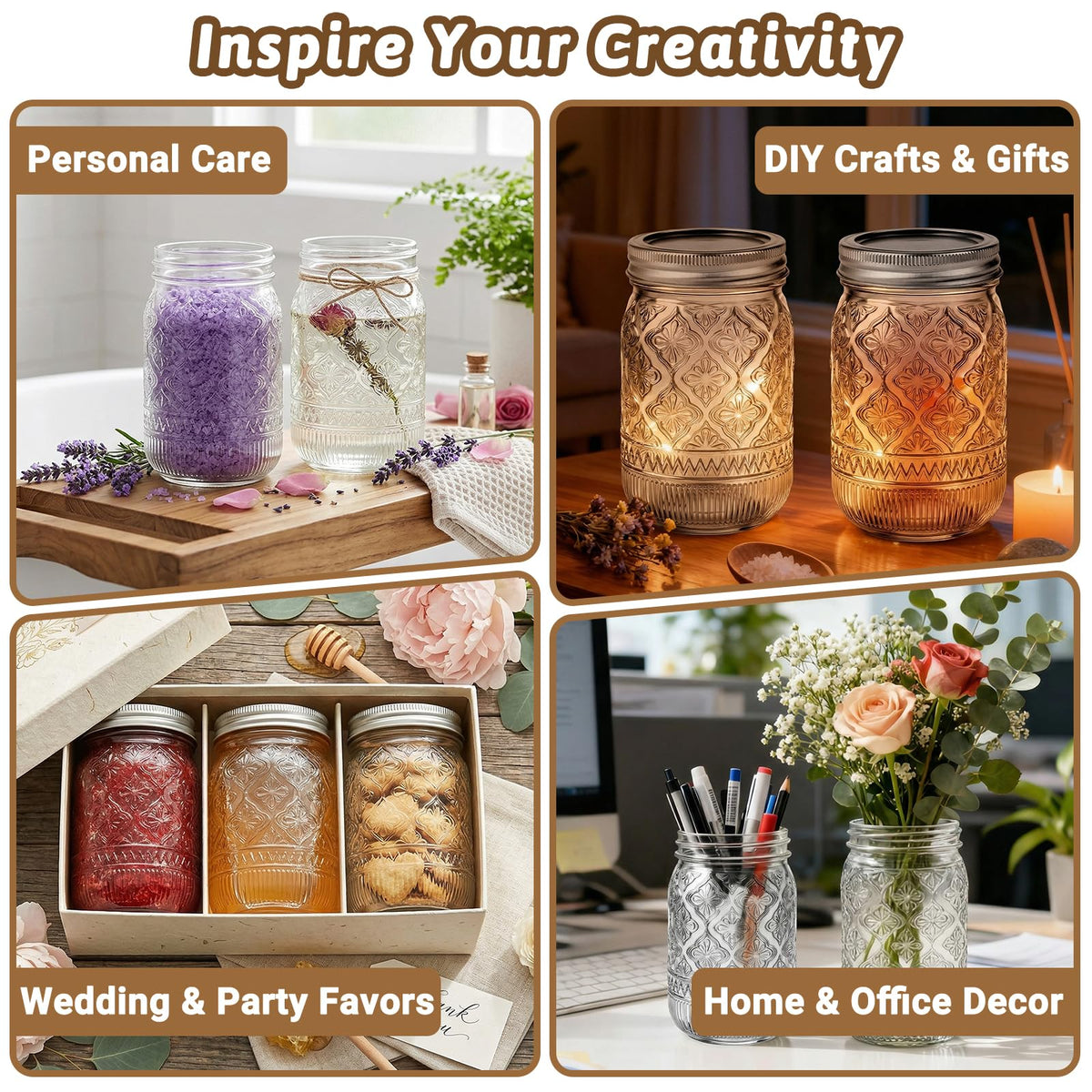 16oz Embossed Mason Jars 15-Pack with Airtight Lids T849