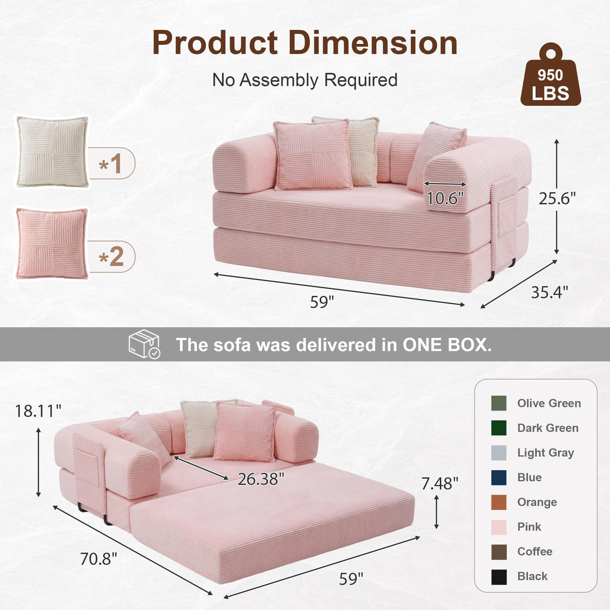 Pink Convertible Futon Sofa Bed with 3 Pillows E65650