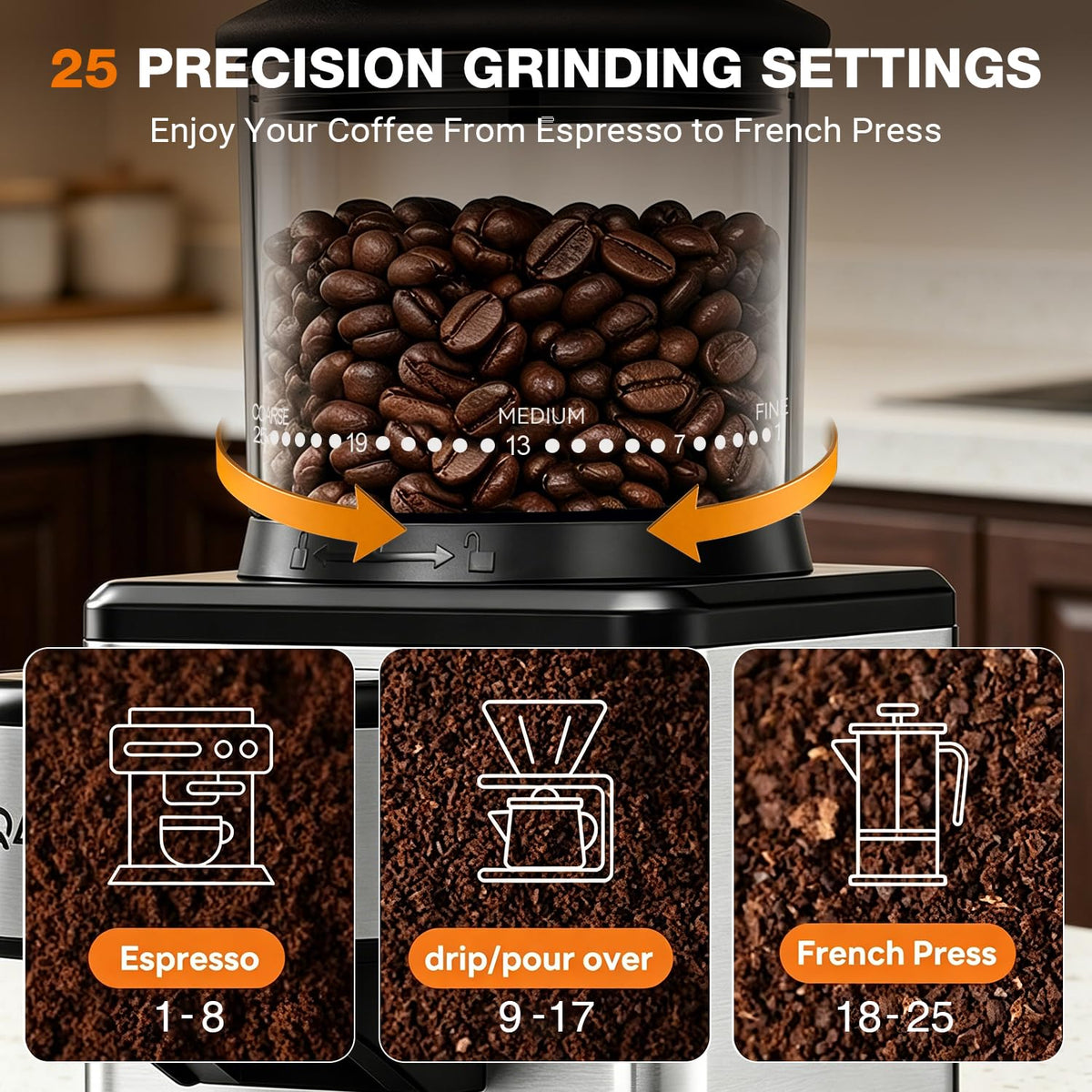 Conical Burr Coffee Bean Grinder, 25 Precise Settings, Anti-Static N694065