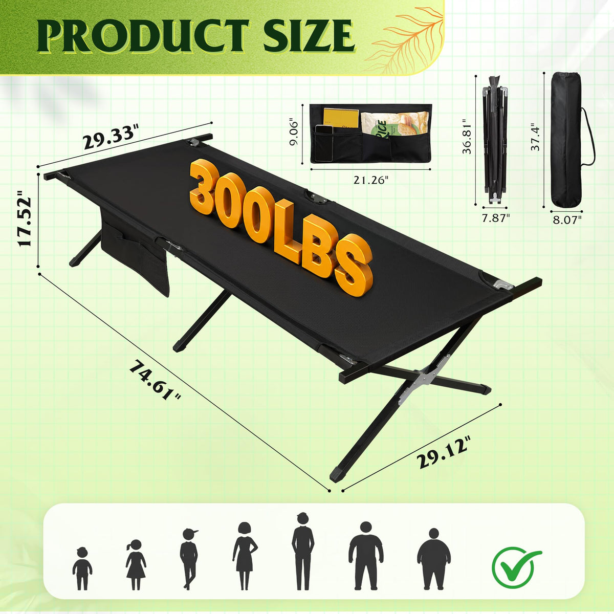 Folding Camping Cot with Carry Bag, 300 lb, Black E507