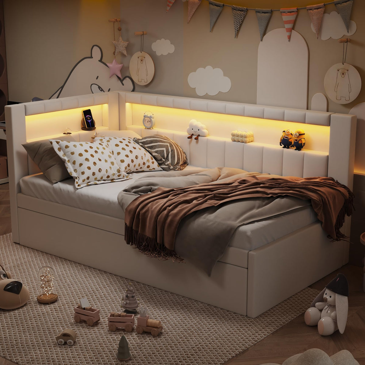 Twin Size Upholstered Daybed with Trundle and USB LED Belt M208