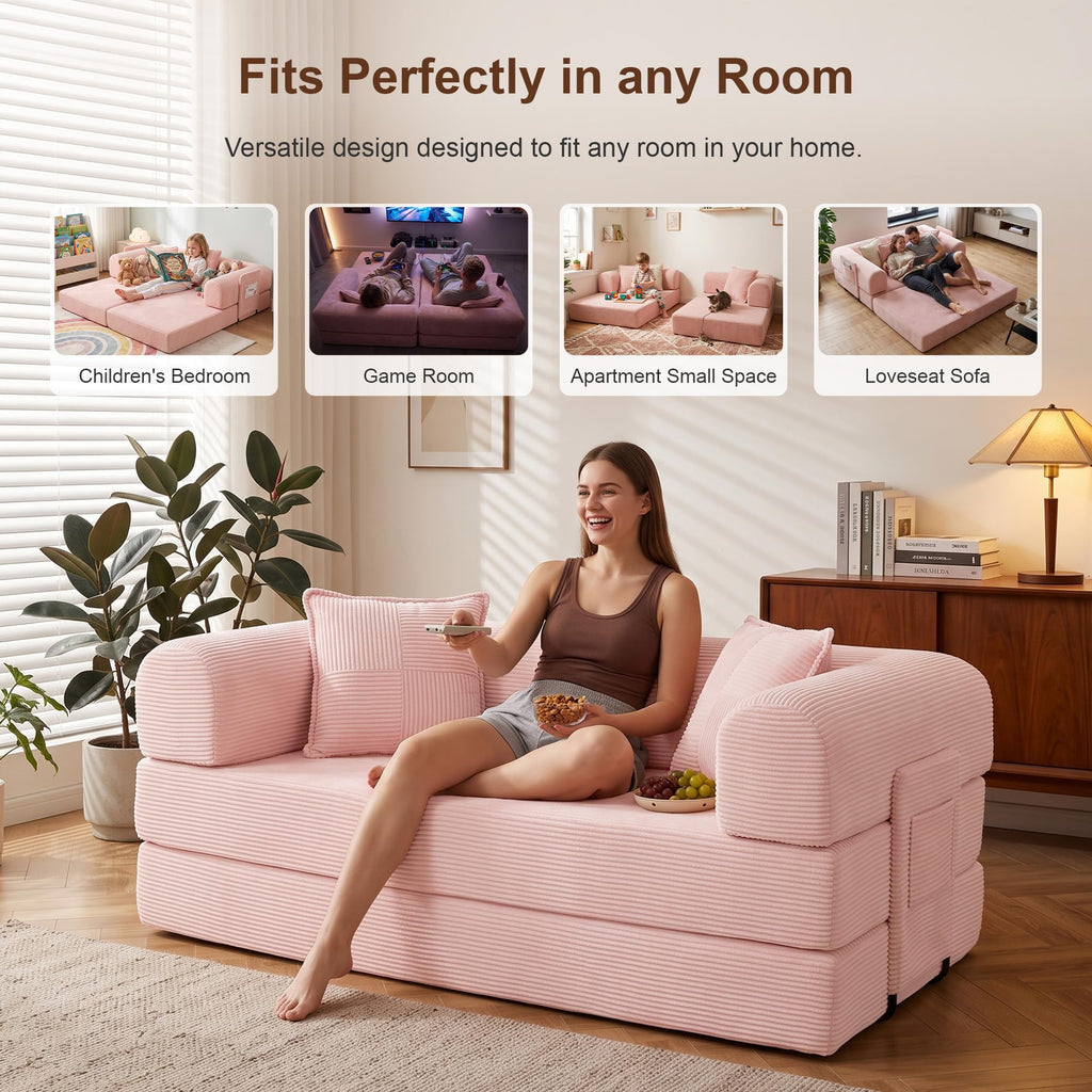 Pink Convertible Futon Sofa Bed with 3 Pillows E65650