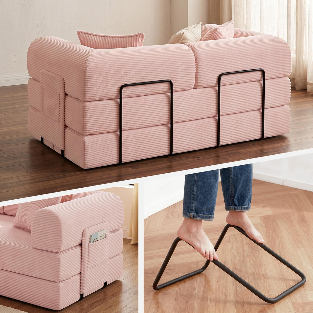 Pink Convertible Futon Sofa Bed with 3 Pillows E65650