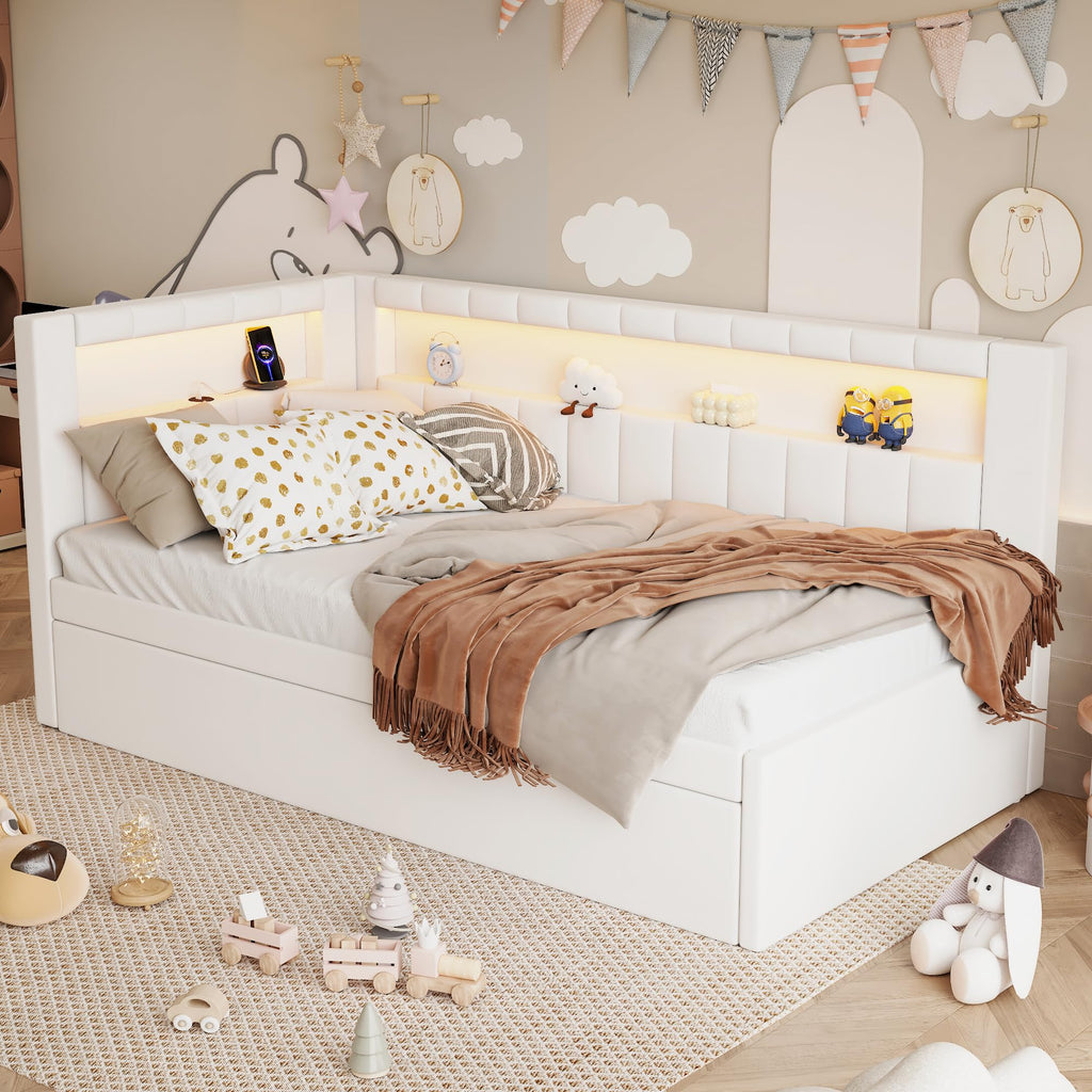 Twin Size Upholstered Daybed with Trundle and USB LED Belt M208