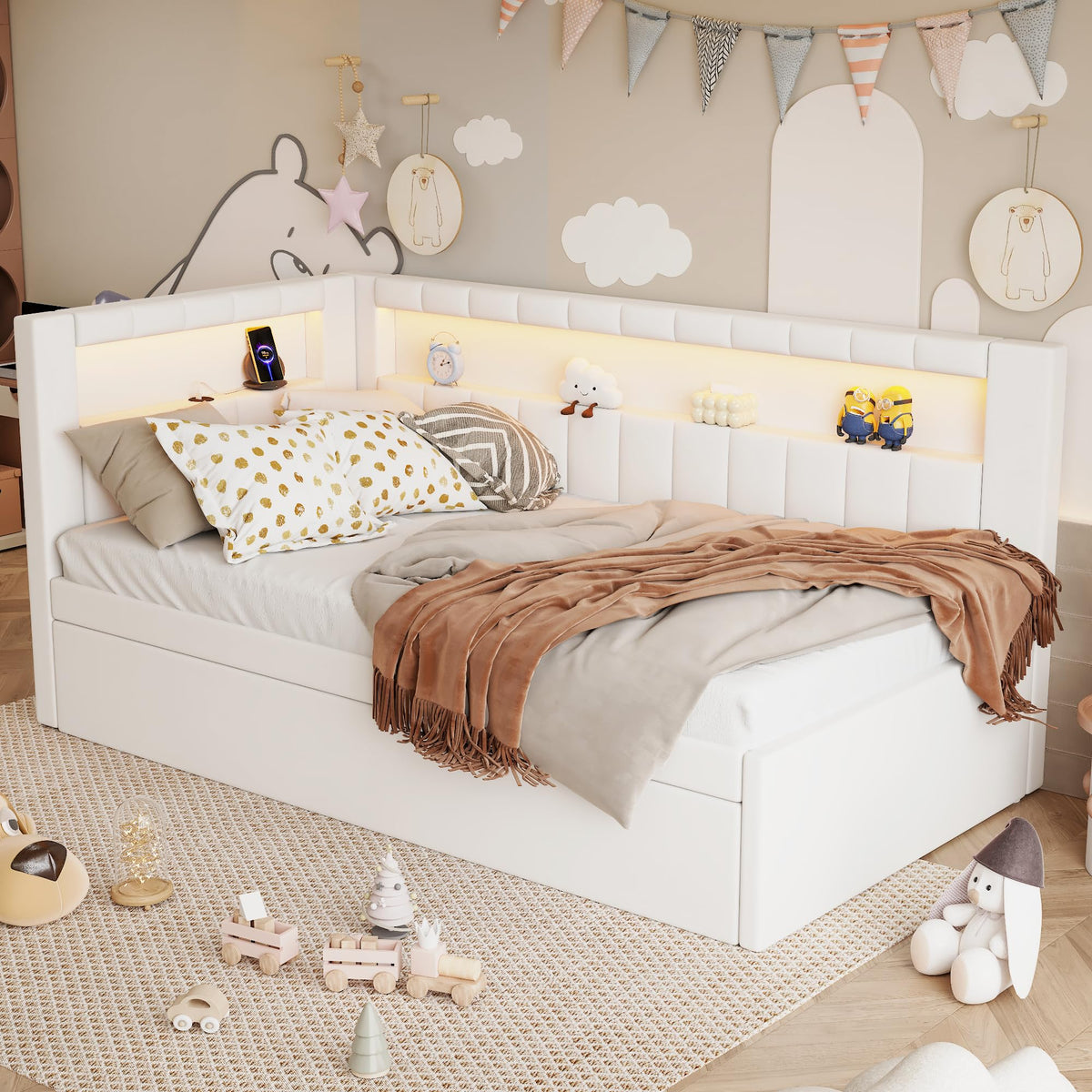 Twin Size Upholstered Daybed with Trundle and USB LED Belt M208