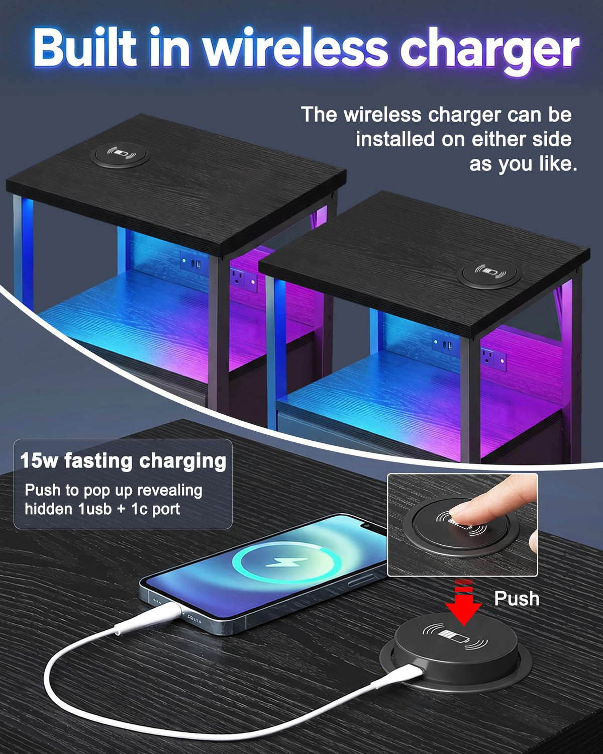 Black Smart Nightstand with Wireless Charging T2511