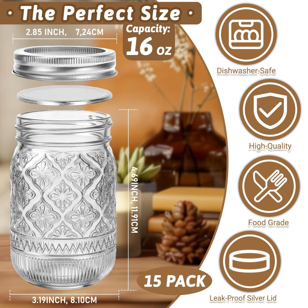 16oz Embossed Mason Jars 15-Pack with Airtight Lids T849