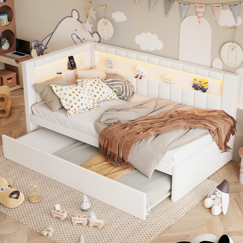 Twin Size Upholstered Daybed with Trundle and USB LED Belt M208
