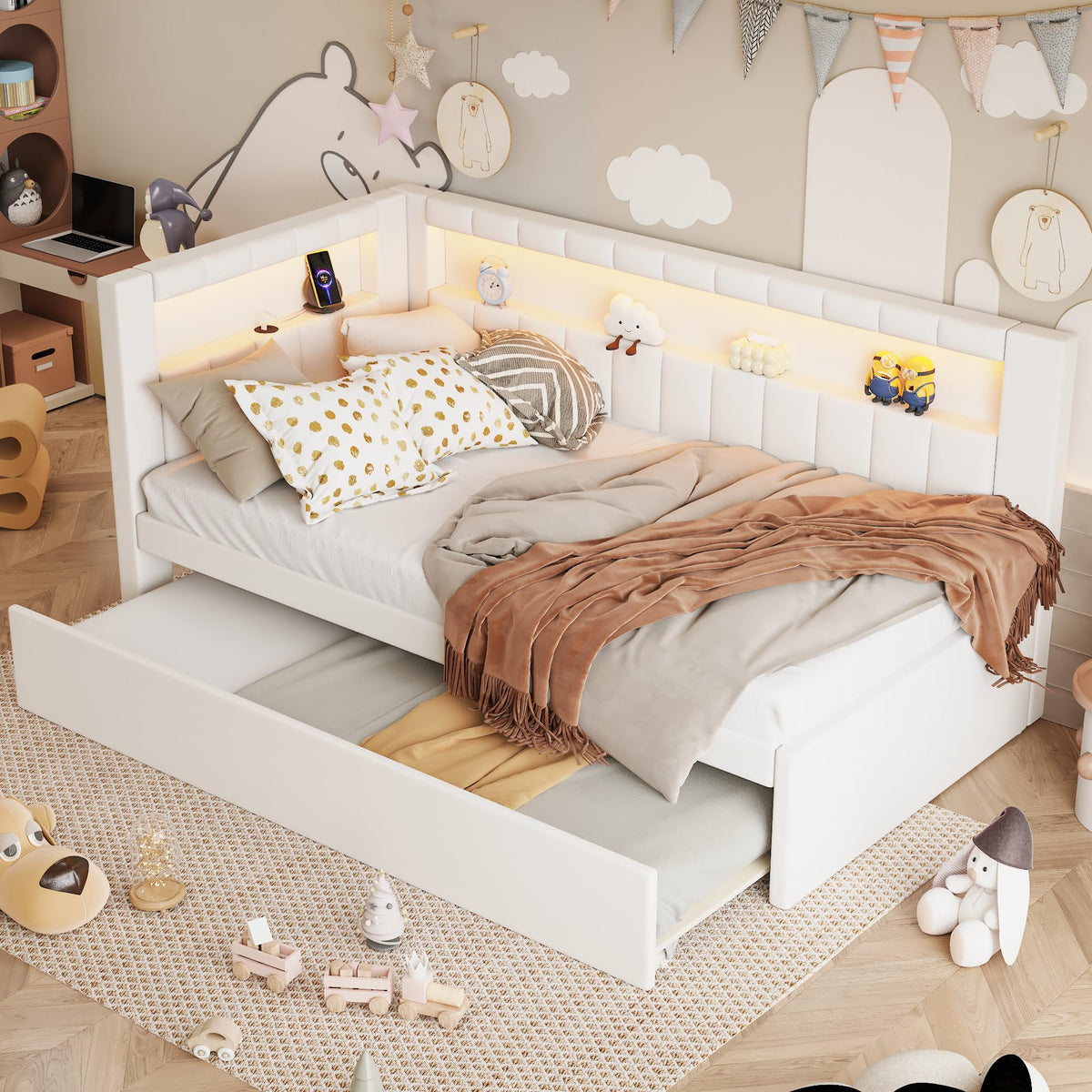 Twin Size Upholstered Daybed with Trundle and USB LED Belt M208