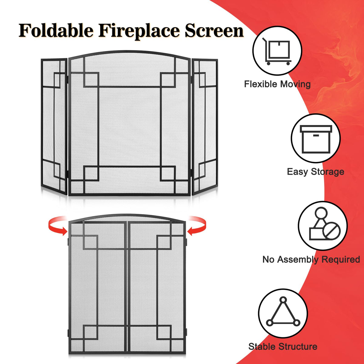 Fireplace Screen 3 Panel Wrought Iron V53015