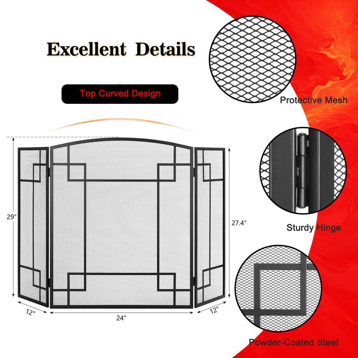 Fireplace Screen 3 Panel Wrought Iron V53015