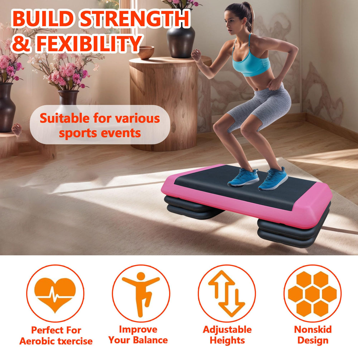43" Adjustable Aerobic Step Platform with 4 Risers, 550 LBS Capacity H4916