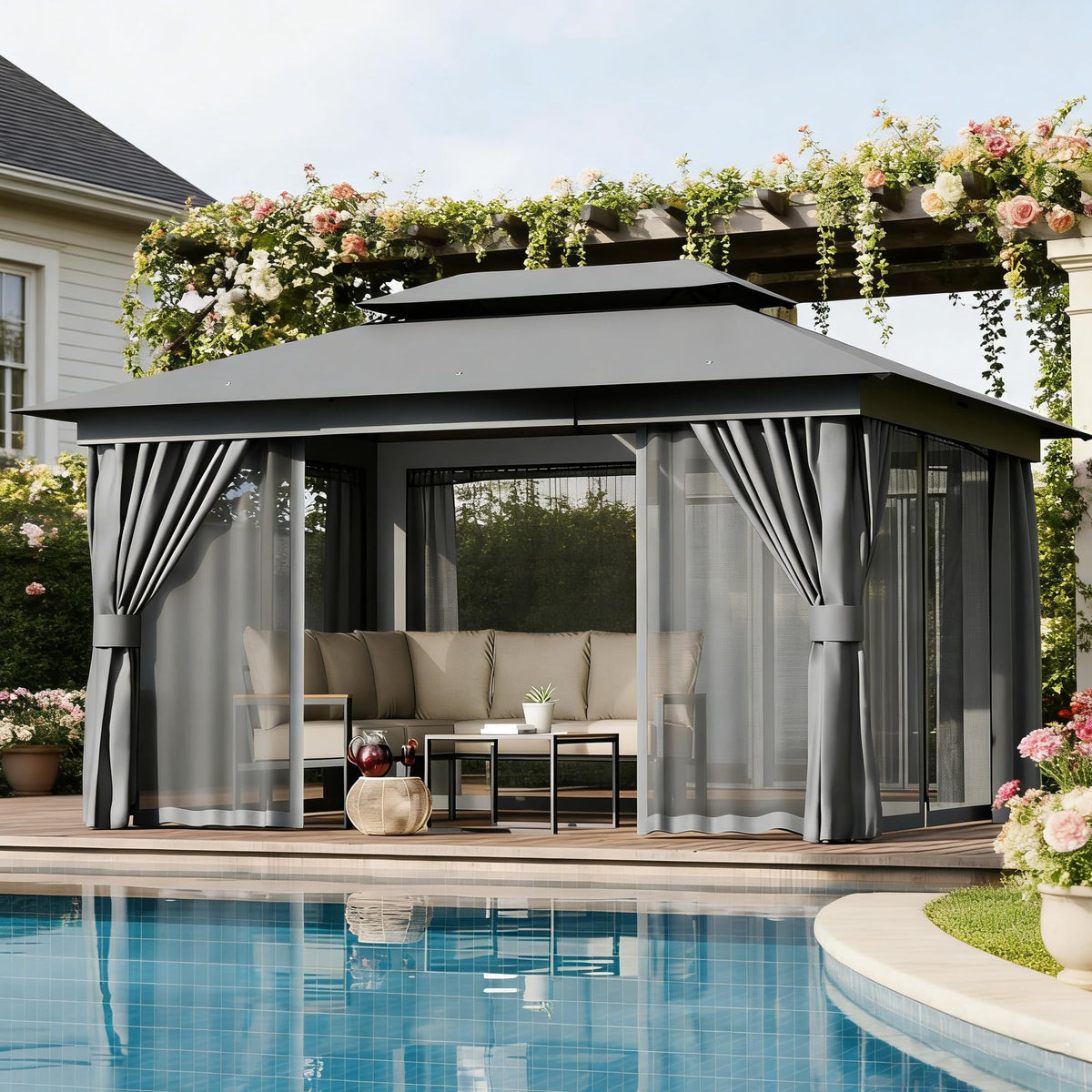 10x13 Outdoor Gazebo with Mosquito Netting and Privacy Screens T842364