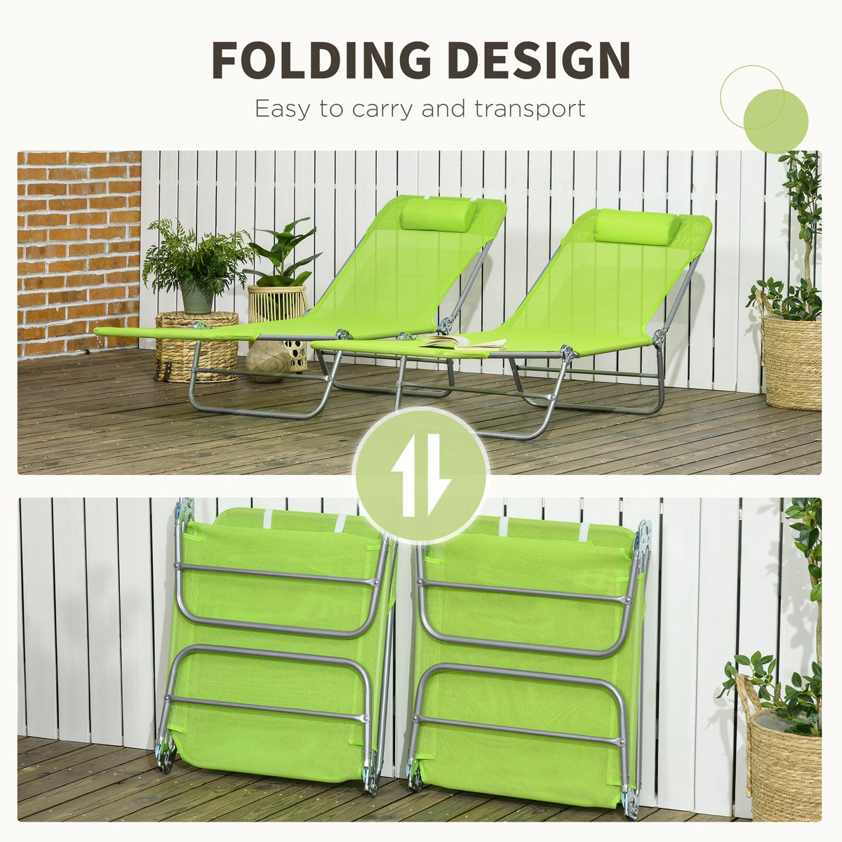 2 Piece Folding Chaise Lounge Chairs Reclining Back Green H234778