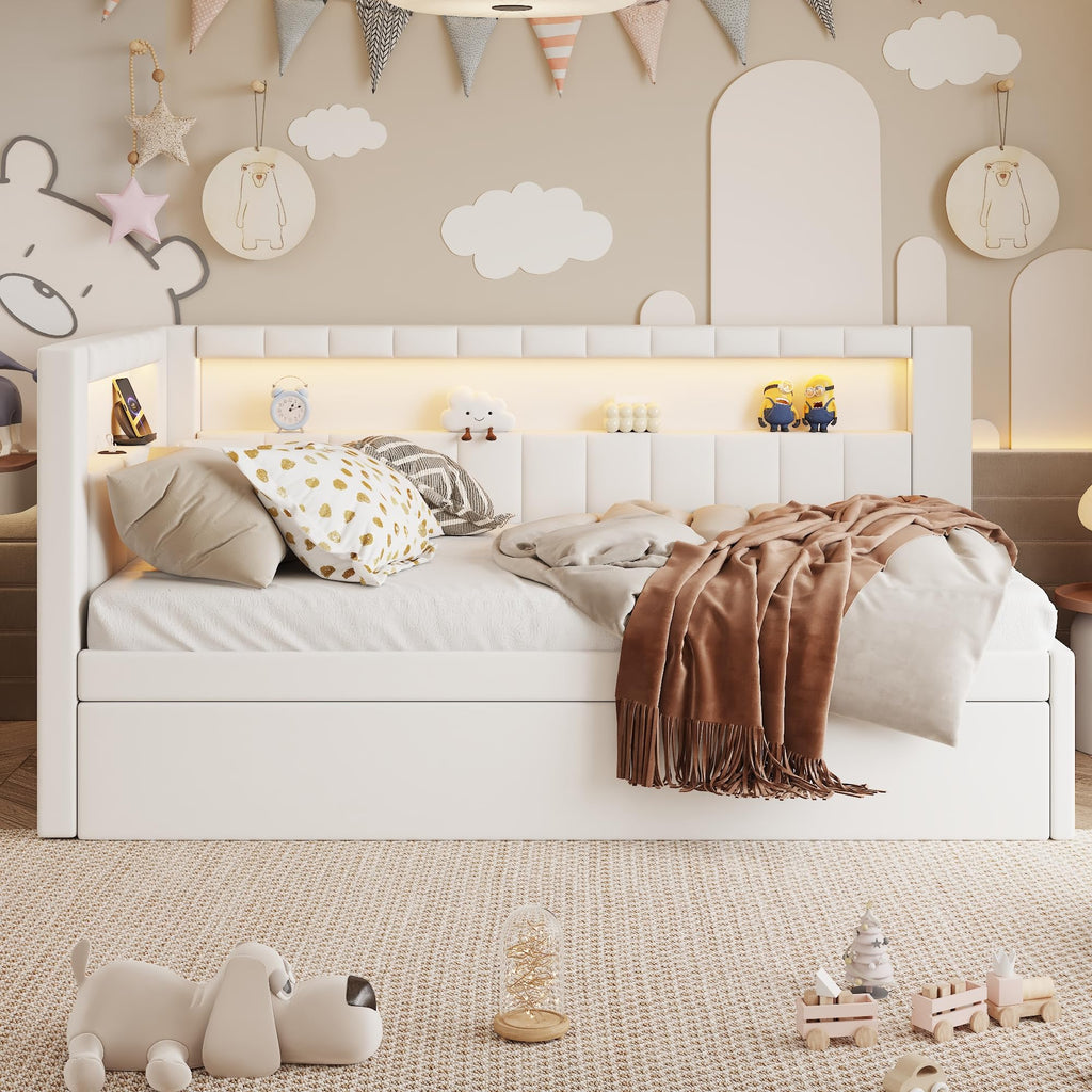 Twin Size Upholstered Daybed with Trundle and USB LED Belt M208