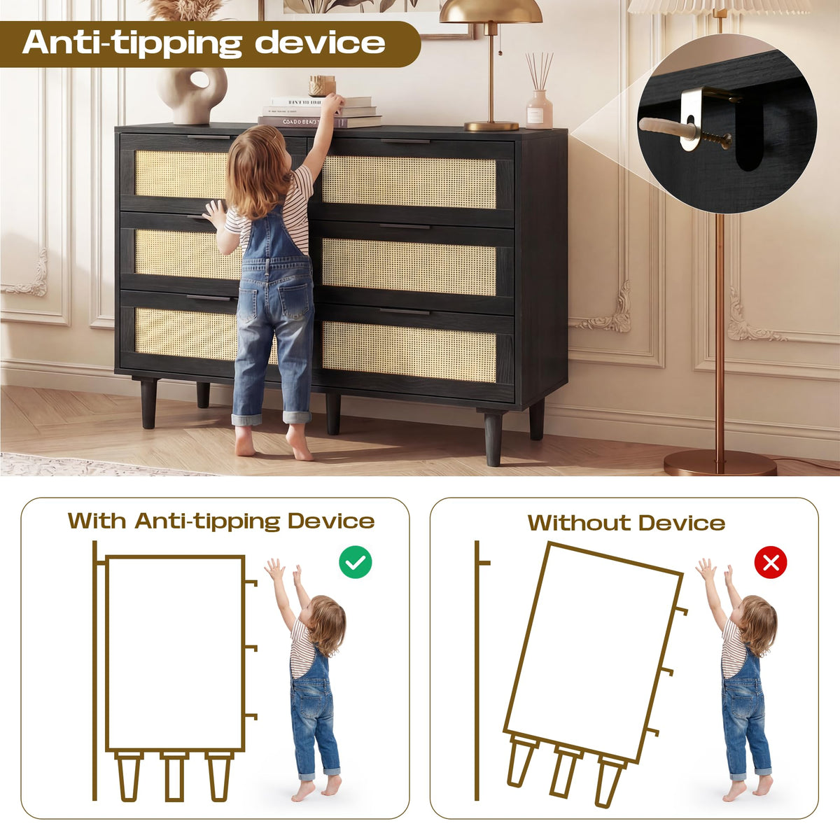 6 Drawer Rattan Wood Dresser F7837
