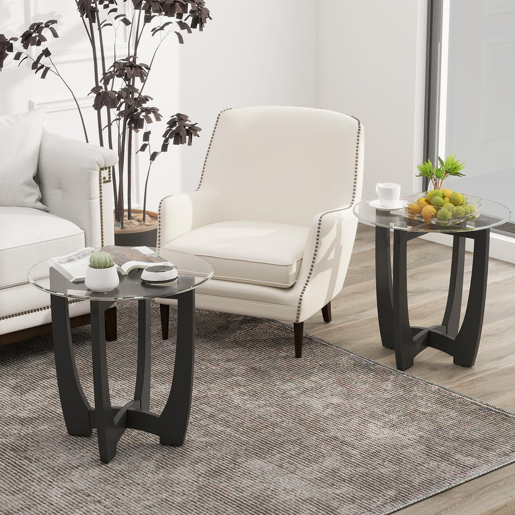 Glass Round End Table Set of 2, 23.5" Black D31412