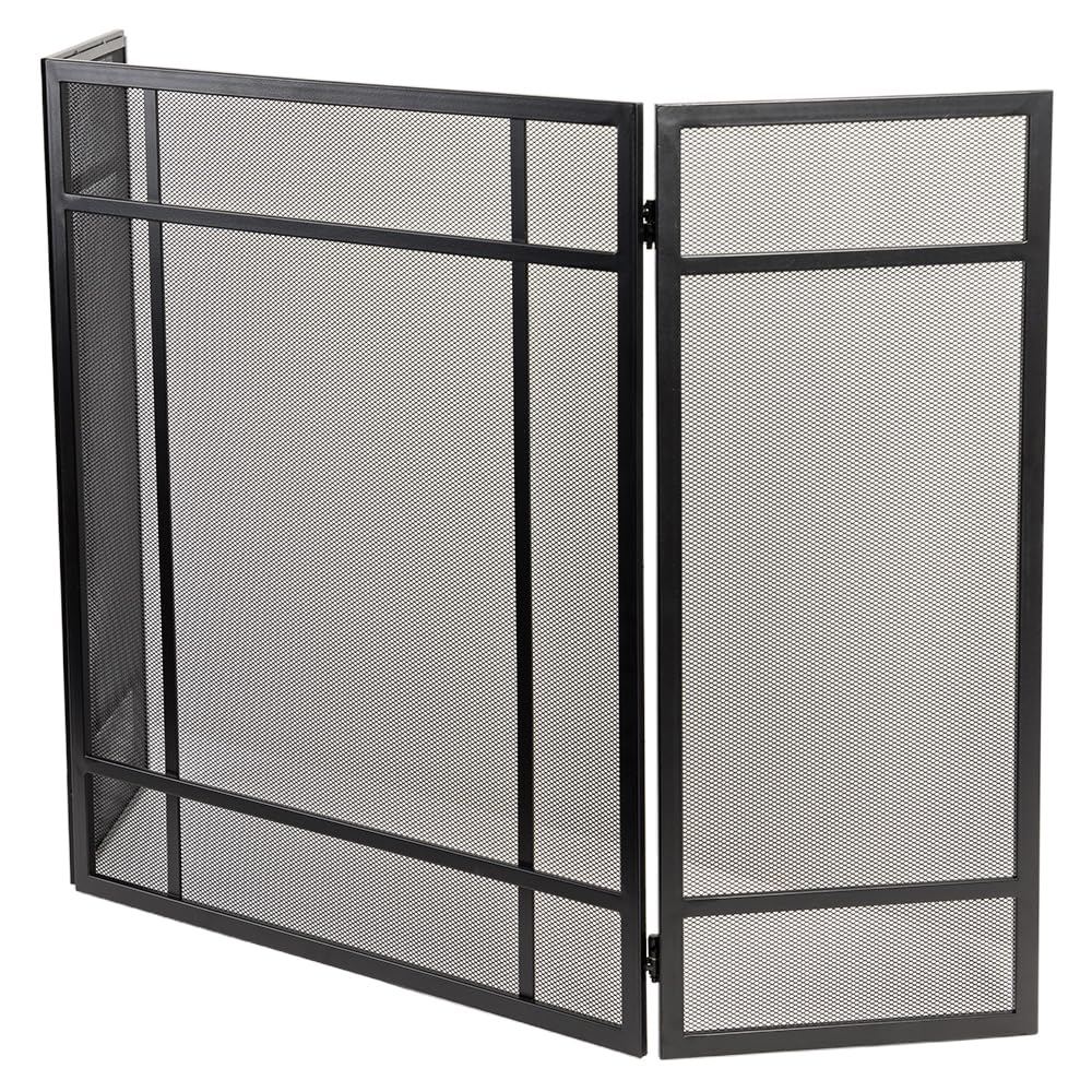 Black 3-Panel Steel Mesh Trifold Fireplace Screen W490140