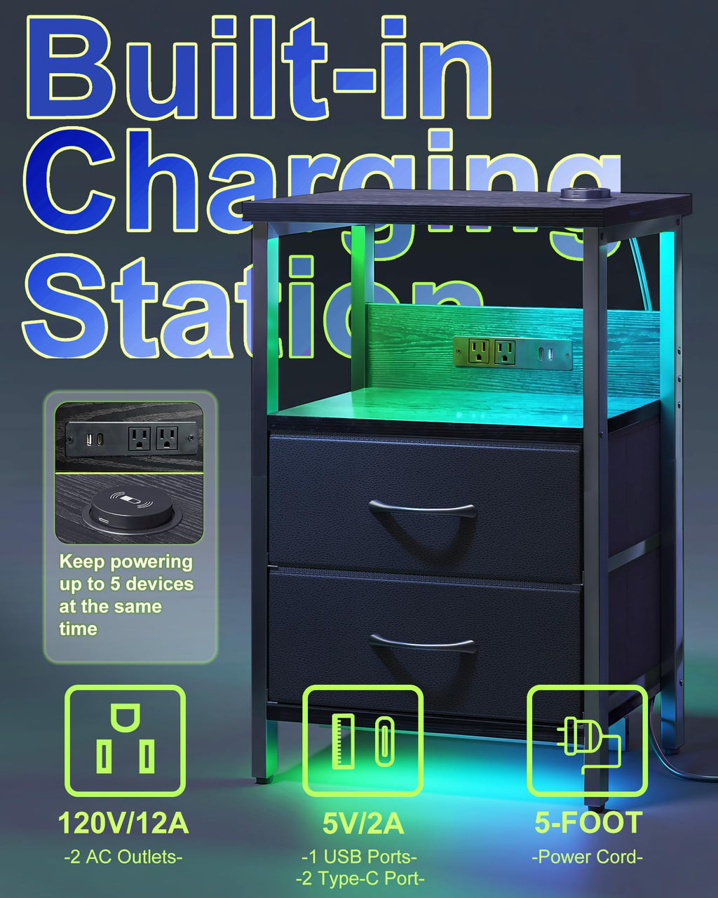 Black Smart Nightstand with Wireless Charging T2511