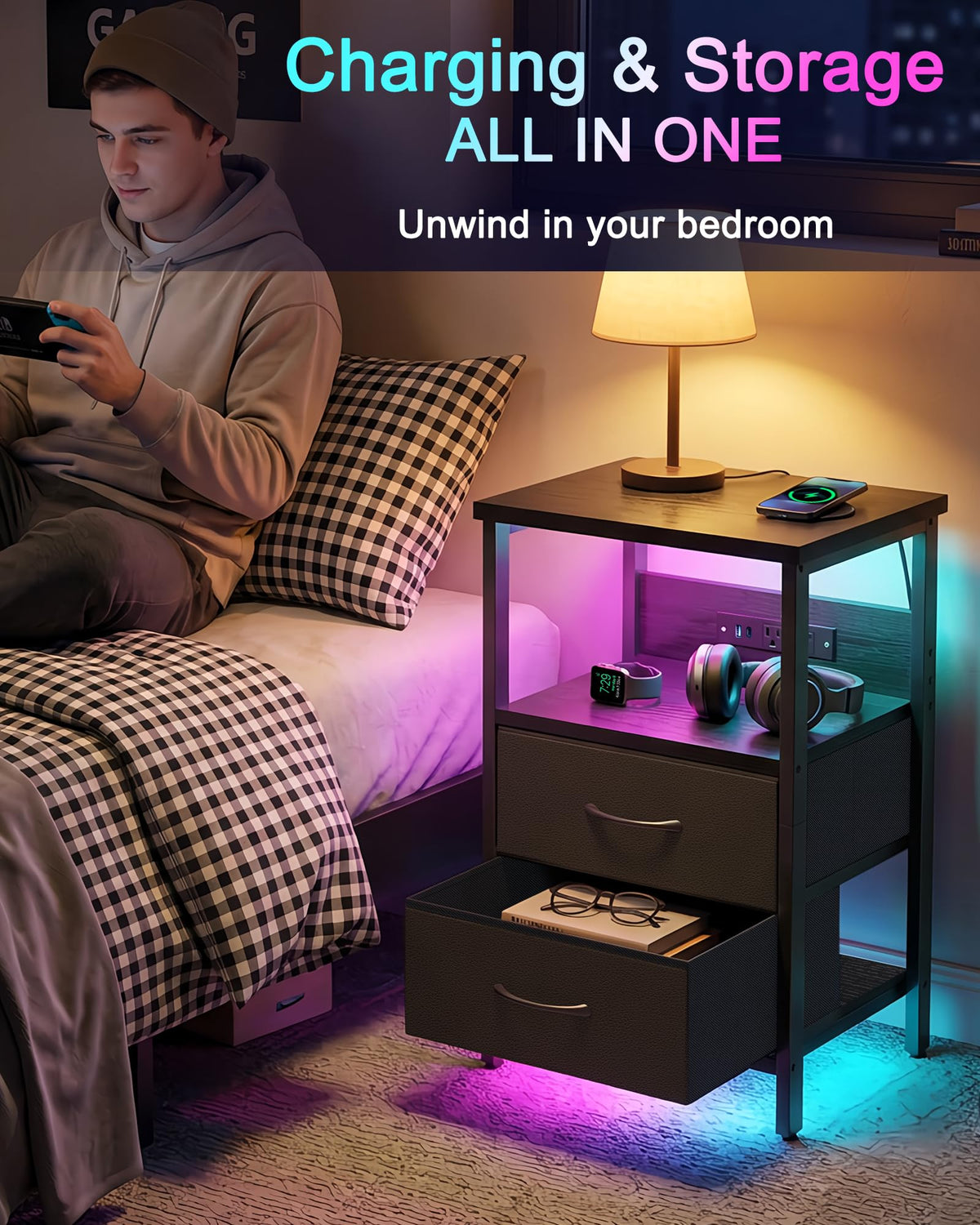 Black Smart Nightstand with Wireless Charging T2511