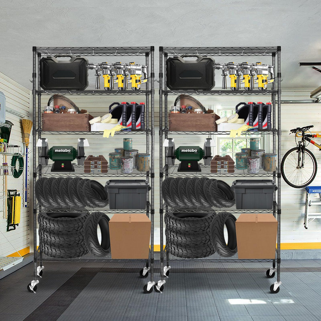 6 Tier Heavy Duty Adjustable Metal Wire Shelving Rack with Wheels, Black B26927