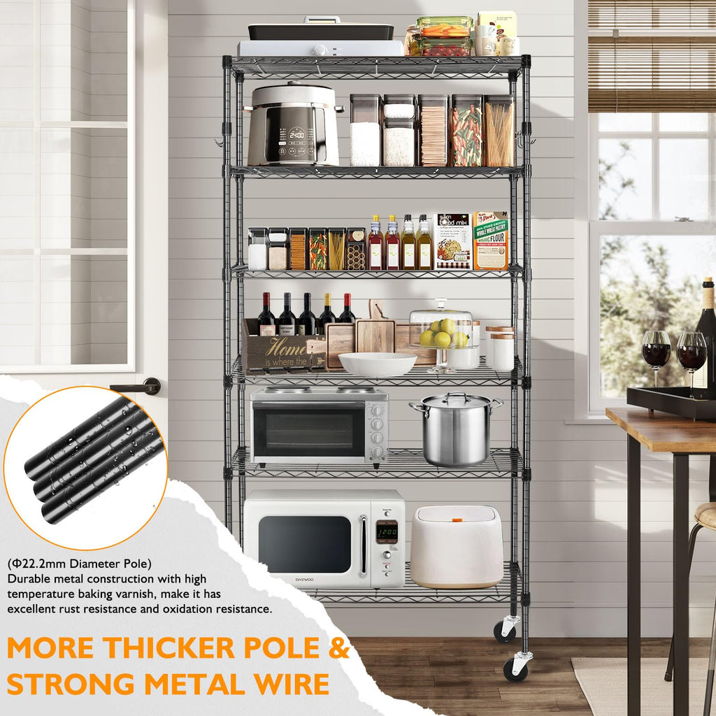 6 Tier Heavy Duty Adjustable Metal Wire Shelving Rack with Wheels, Black B26927