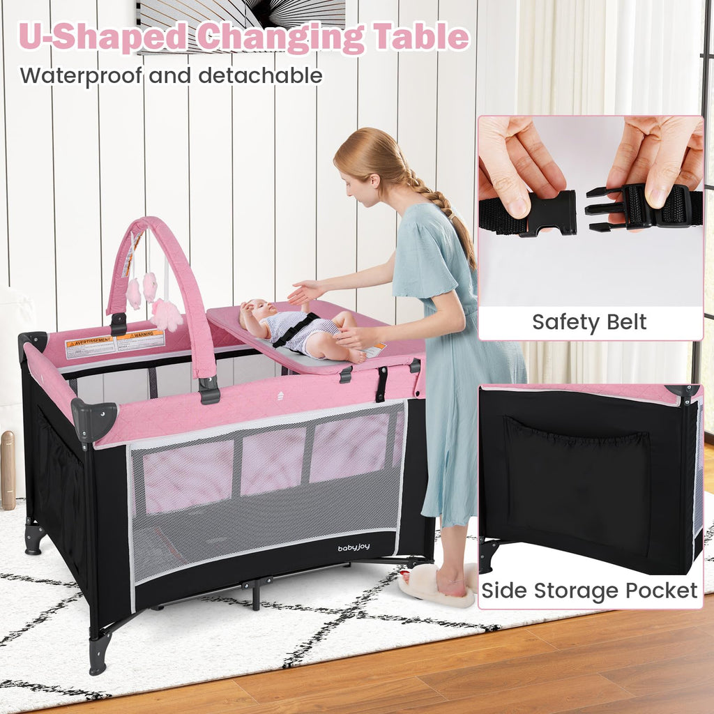 3 in 1 Pink Pack and Play Baby Crib Bassinet T76348
