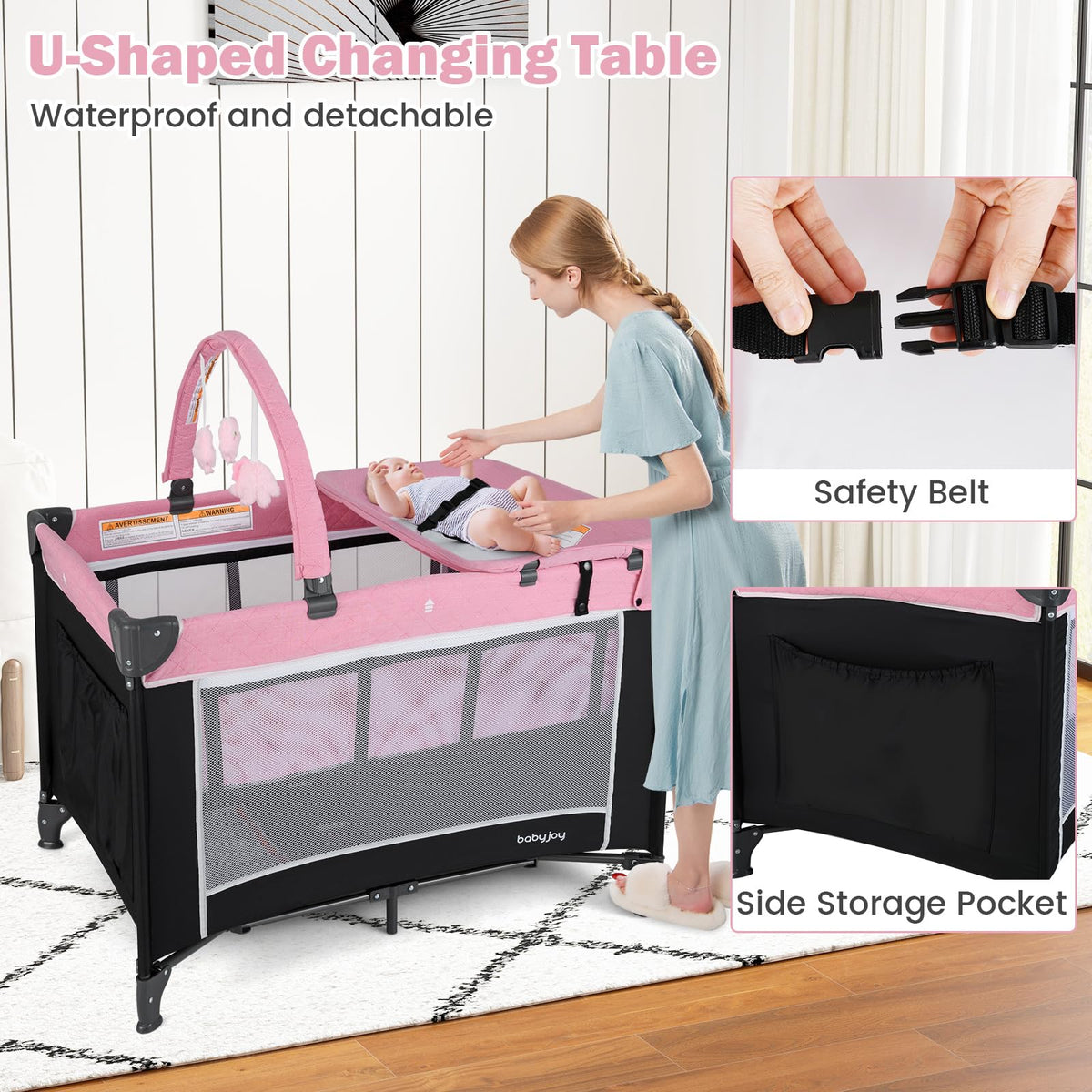 3 in 1 Pink Pack and Play Baby Crib Bassinet T76348