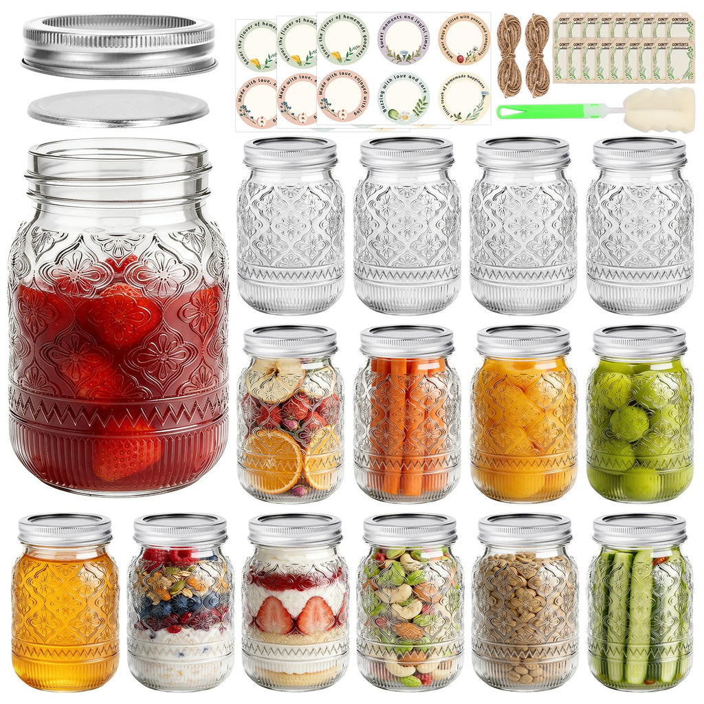 16oz Embossed Mason Jars 15-Pack with Airtight Lids T849