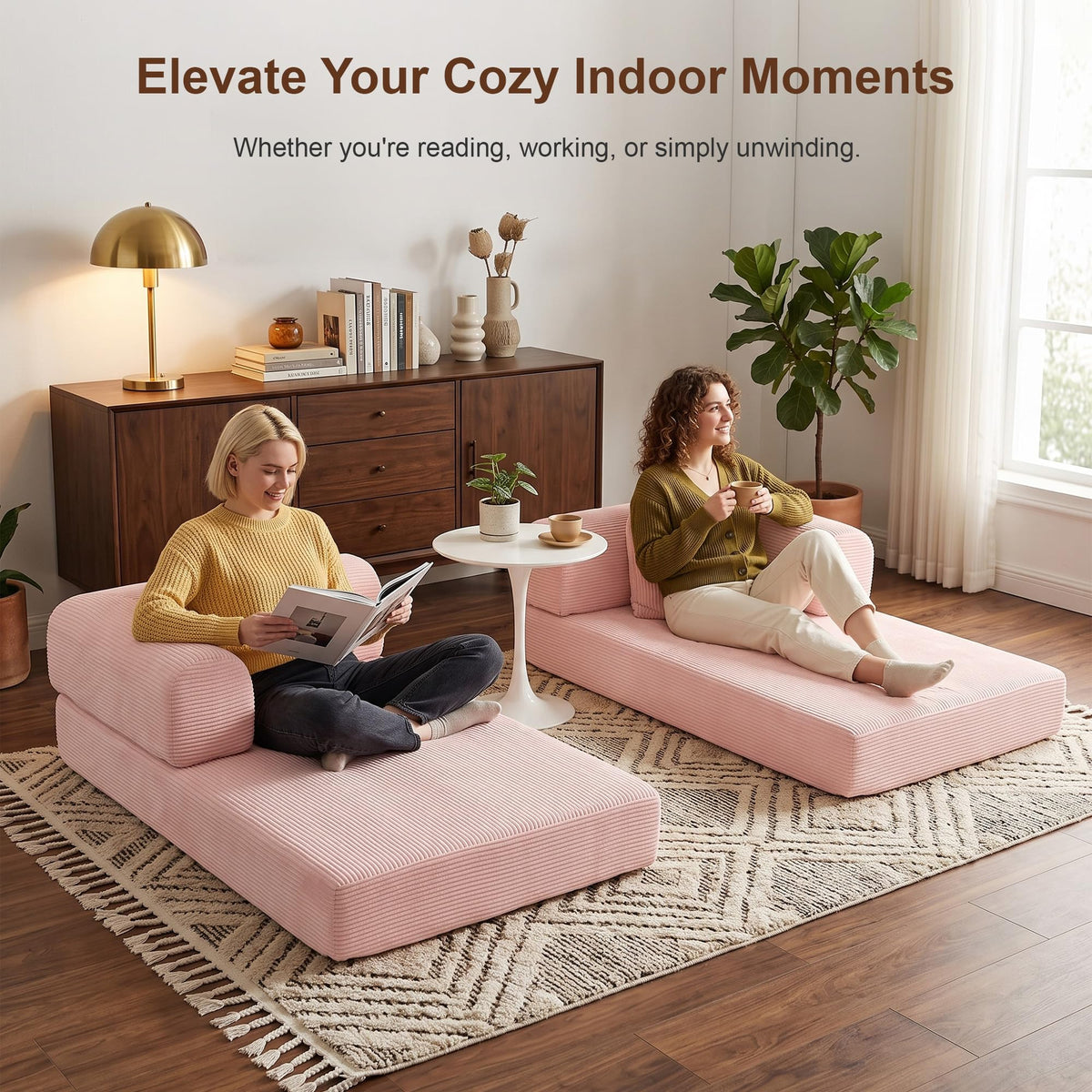 Pink Convertible Futon Sofa Bed with 3 Pillows E65650