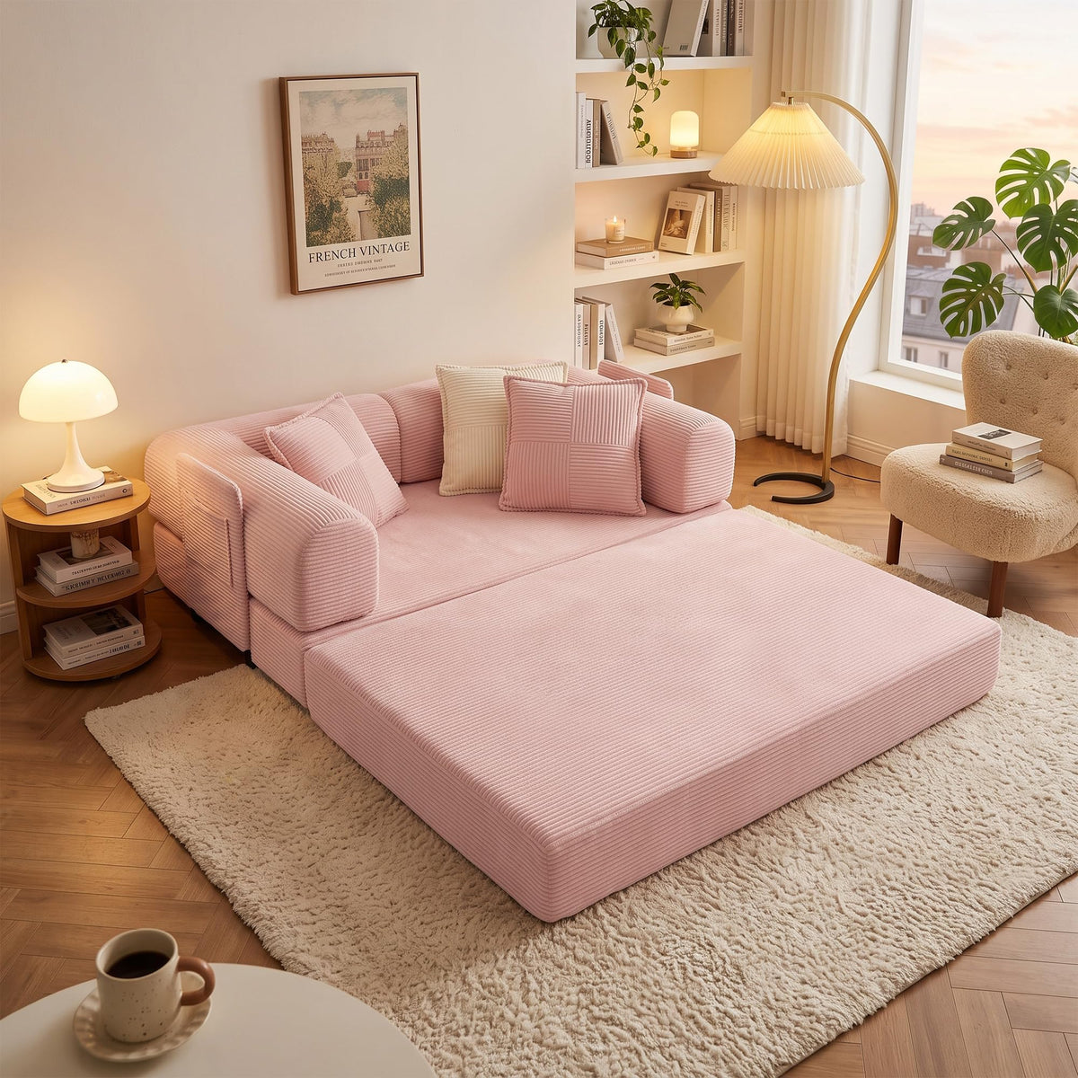 Pink Convertible Futon Sofa Bed with 3 Pillows E65650